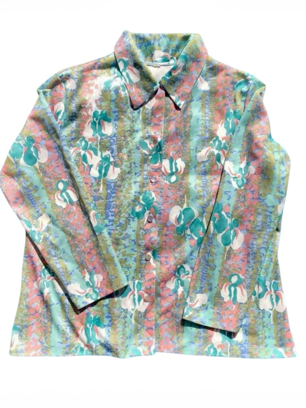 Vintage Multicolor Floral Button-Down Shirt — Teal, Pink, Blue